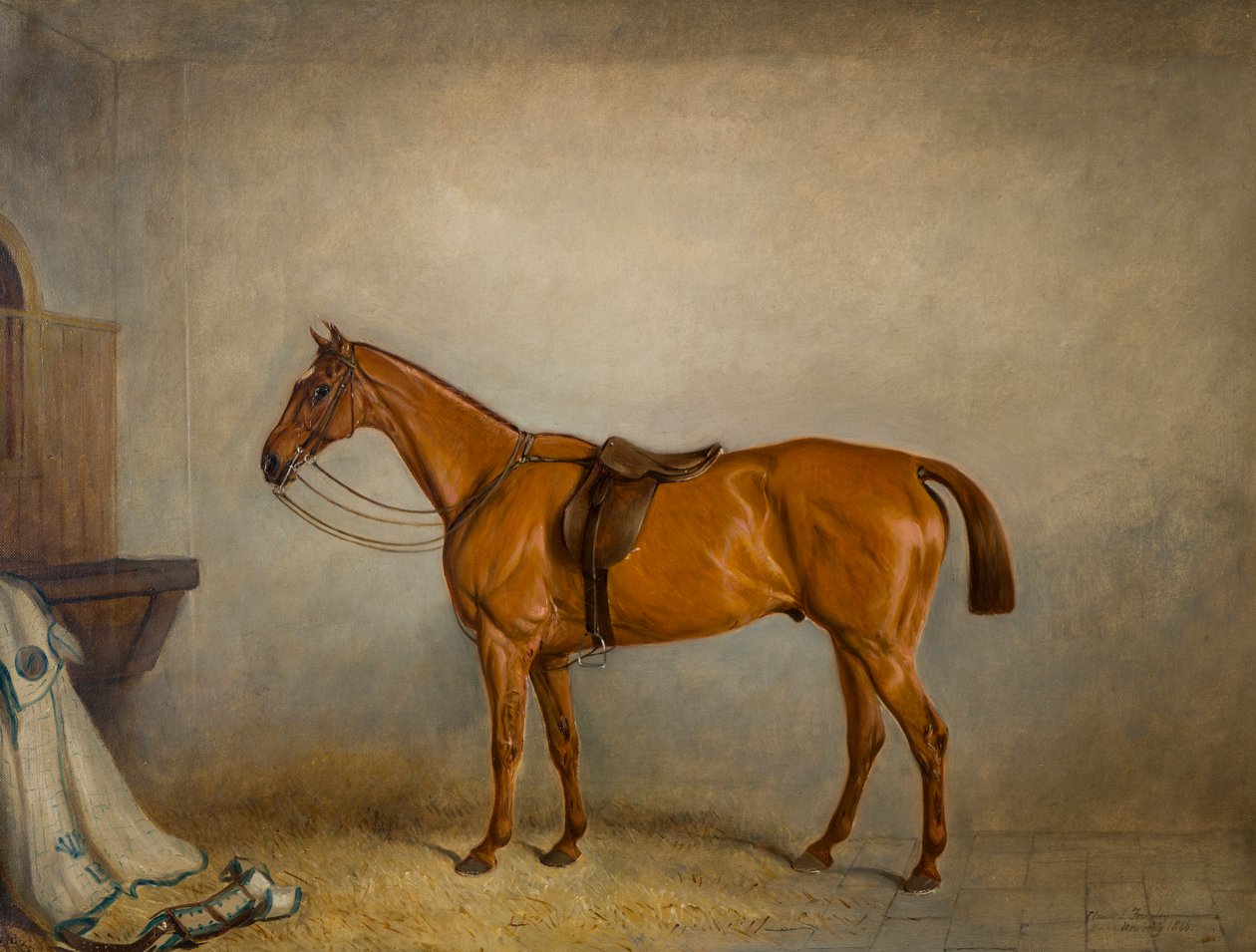 Planeta koni w stajni, ok. 1866 (olej na płótnie) autorstwa Claude L. Ferneley