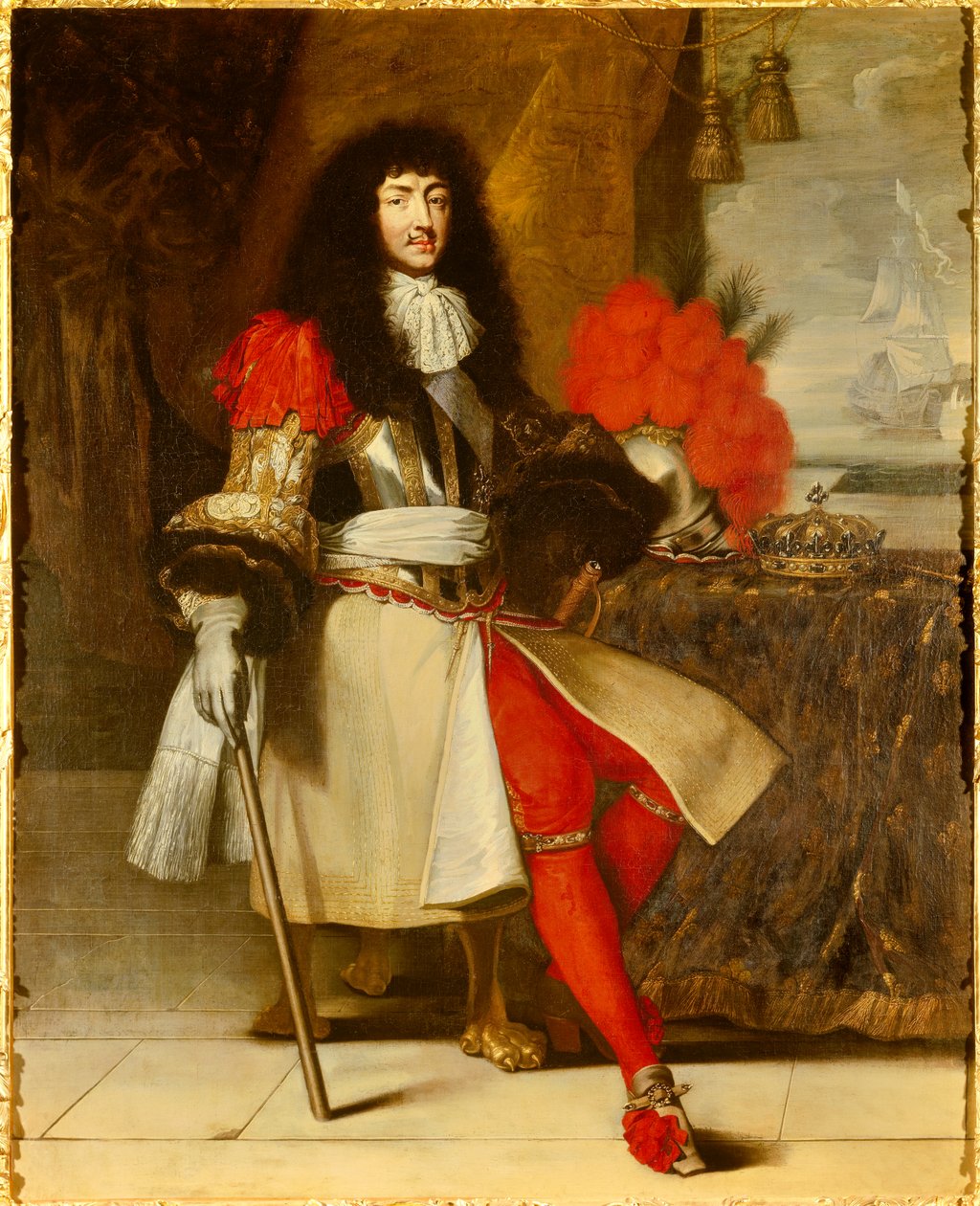 Portret u stóp Ludwika XIV, króla Francji i Nawarry (1638-1715) - ok. 1665-1670 (pancernik z koroną i berłem ustawionym na stole, przed morskim pejzażem z łodzią) Obraz Claude