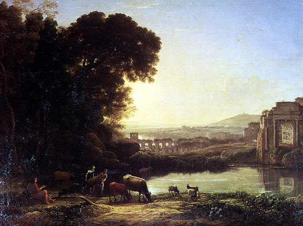 Bydło i kozy pijące przez ruinę autorstwa Claude Lorrain