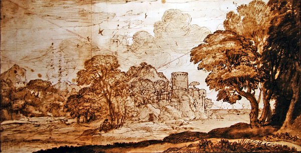 Zaczarowany Zamek (pióro i tusz oraz pranie na papierze) autorstwa Claude Lorrain