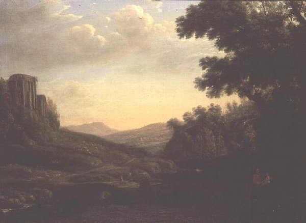 Rozległy zalesiony krajobraz ze zrujnowaną świątynią (olej na płótnie) autorstwa Claude Lorrain