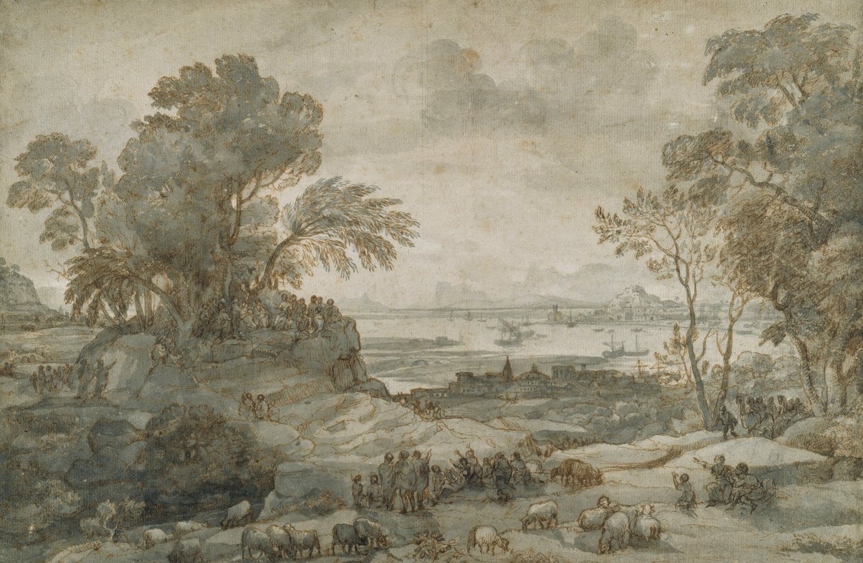 Krajobraz z Chrystusem wygłaszającym Kazanie na Górze (pióro i brązowy tusz z szarym praniem na papierze) autorstwa Claude Lorrain