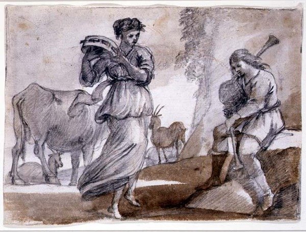 Taniec wiejski (czarno-czerwona kreda i pranie na papierze) autorstwa Claude Lorrain