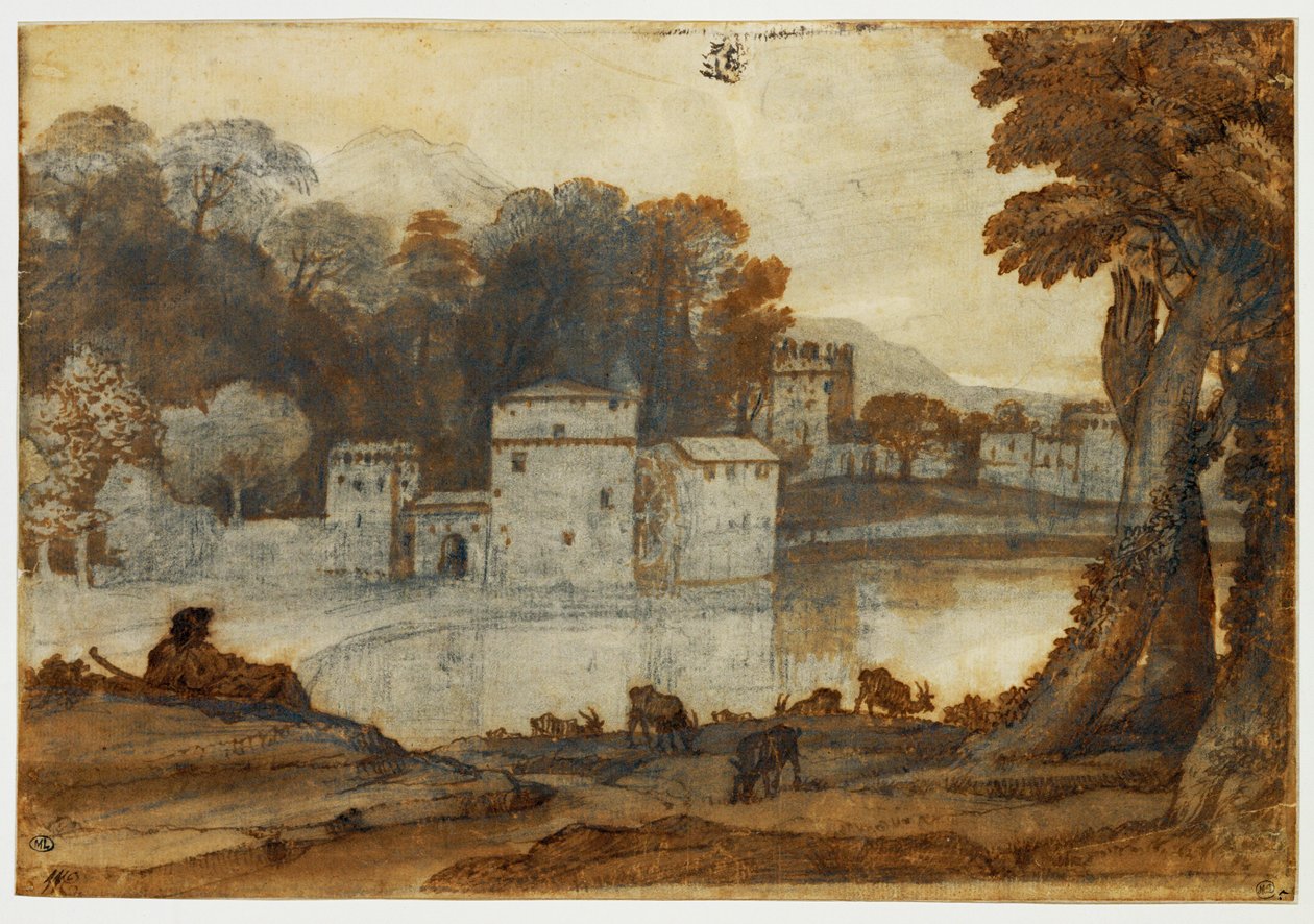 Pasterz nad jeziorem w pobliżu ufortyfikowanego młyna ... autorstwa Claude Lorrain (1600-82)