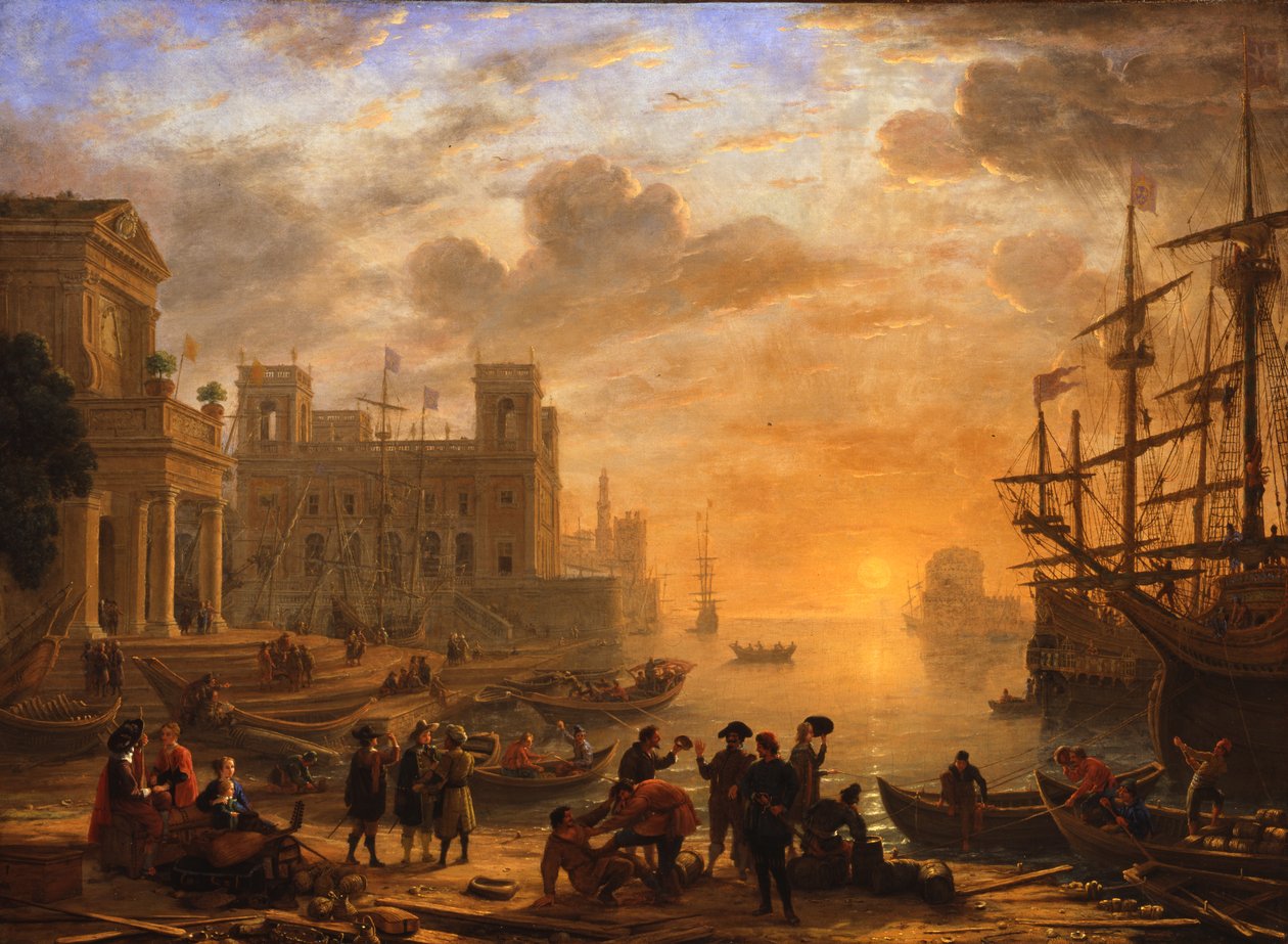 Krajobraz portowy o zachodzie słońca autorstwa Claude Lorrain