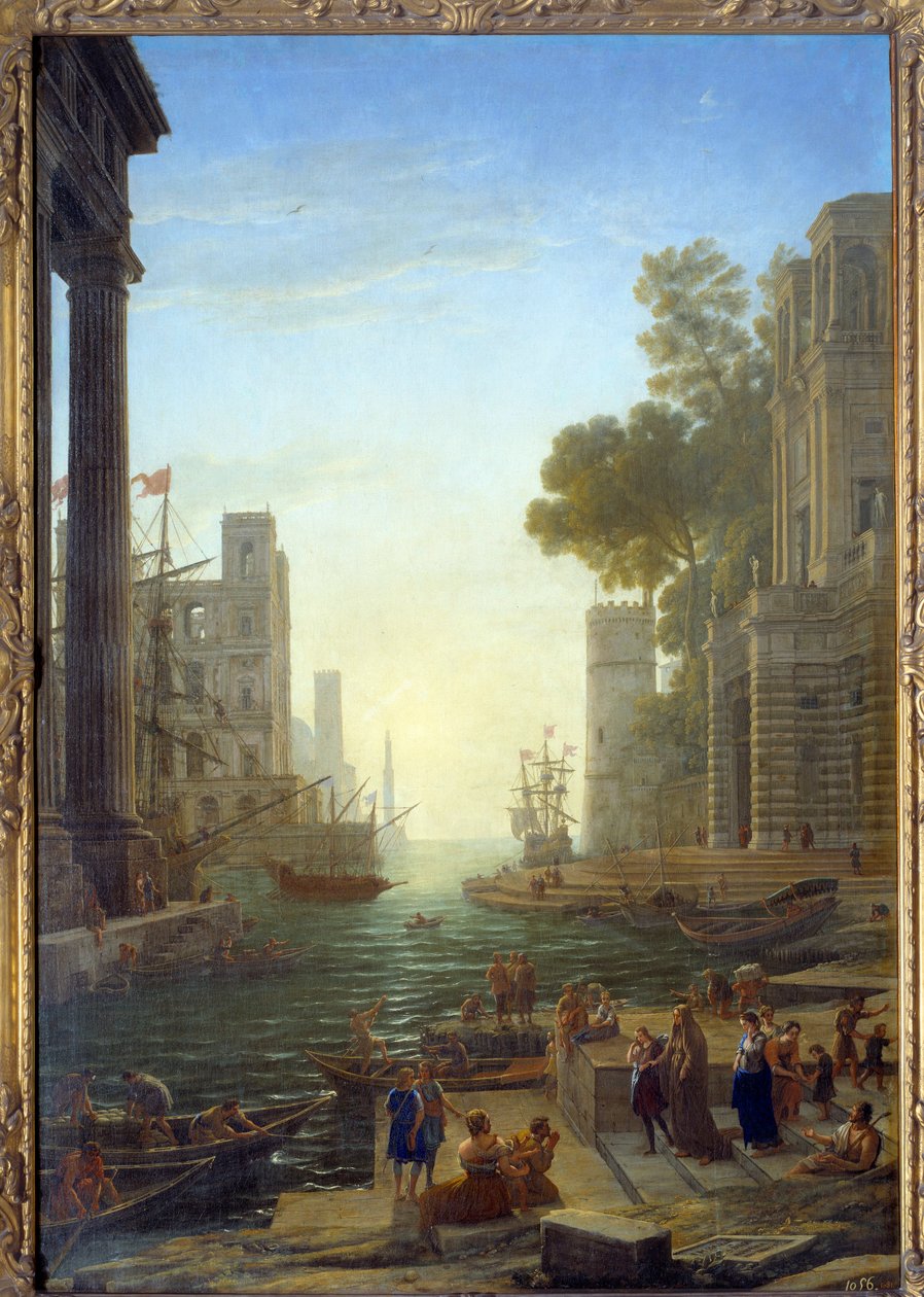Krajobraz z łodzią św. Pauli Romany w Ostii.Święta Paula opuszcza swoje dzieci w podróż do Ziemi Świętej. Płótno, 211 x 145 cm - Deska od Sainte Paule do Ostii. Św. Paule (347-404 lub 407), wdowa rzymska, uczennica św. Hieronima. Malarstwo autorstwa Cl autorstwa Claude Lorrain