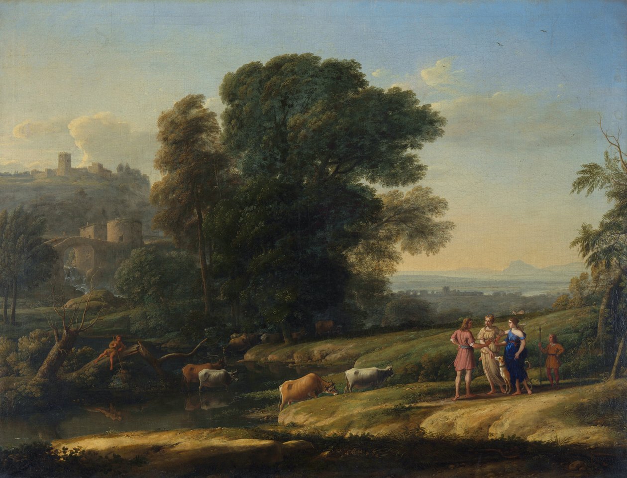 „Pejzaż z Cephalusem i Procris ponownie zjednoczeni przez Dianę” (Pejzaż z Cephalusem i Procris ponownie zjednoczony przez Dianę) Obraz Claude Lorrain (1600-1682) Olej na płótnie 1645 Dim 101,5x133 cm National Gallery, Londyn autorstwa Claude Lorrain