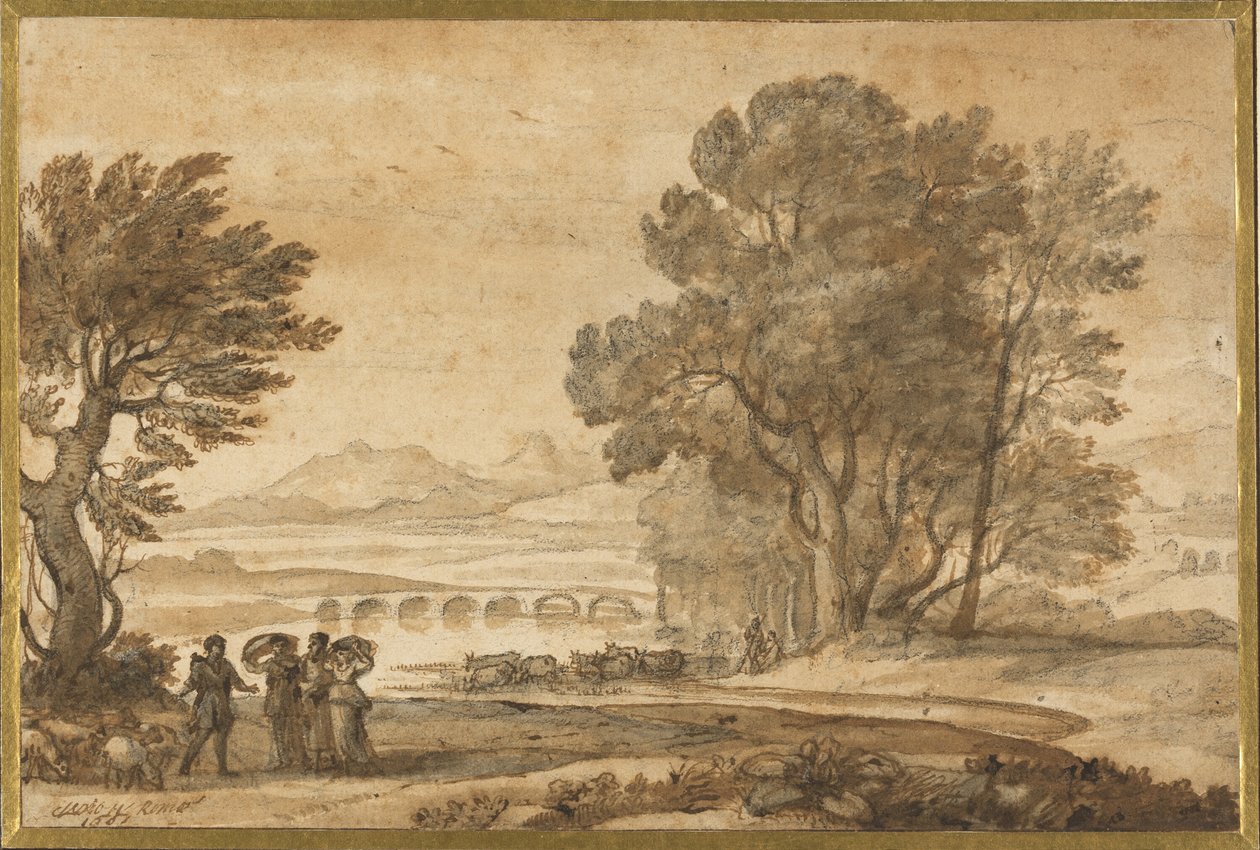 Krajobraz zalesionej rzeki z Jakubem, Labanem i jego córkami autorstwa Claude Lorrain