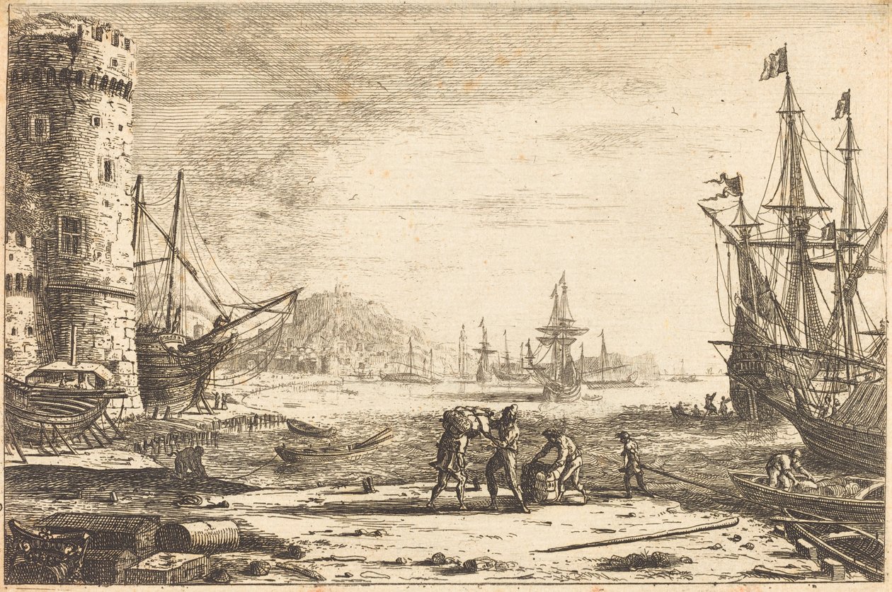 Port z dużą wieżą autorstwa Claude Lorrain