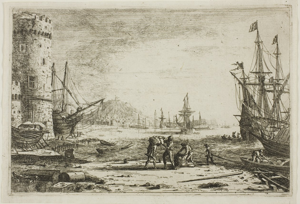 Port z dużą wieżą autorstwa Claude Lorrain