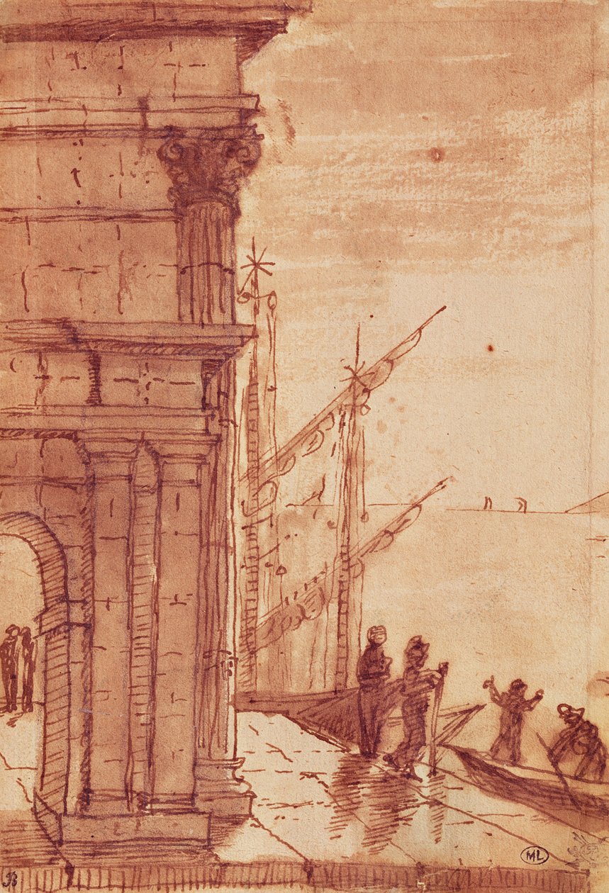 Scena lądowania o wschodzie słońca (pióro, brązowy tusz, brązowy wash i czarna kredka) autorstwa Claude Lorrain