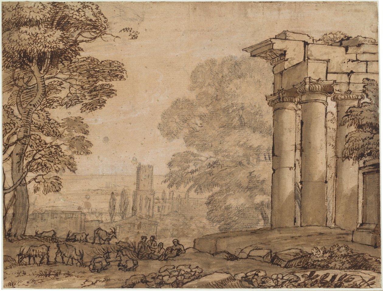 Krajobraz z ruinami, postaciami pasterskimi i drzewami autorstwa Claude Lorrain