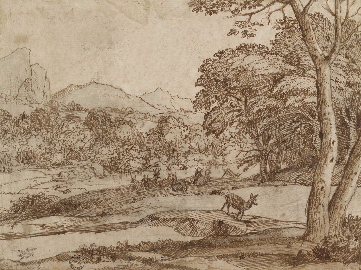 Pejzaż ze stadem jeleni, 1666 (czarna kreda, przetarta, długopisem i brązowym tuszem na poplamionym papierze o barwie złamanej bieli) autorstwa Claude Lorrain