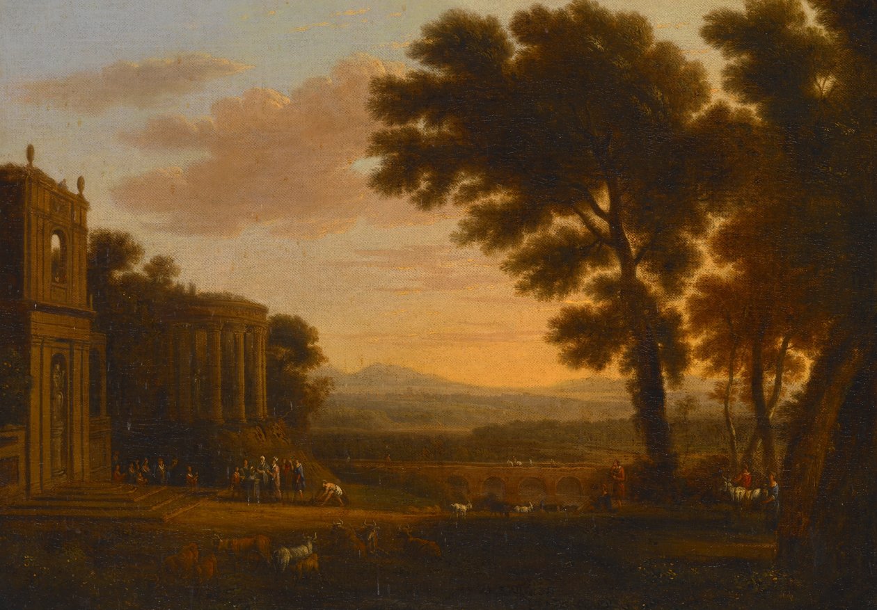 Pejzaż z ojcem Psyche składającym ofiarę w milezyjskiej świątyni Apollina autorstwa Claude Lorrain