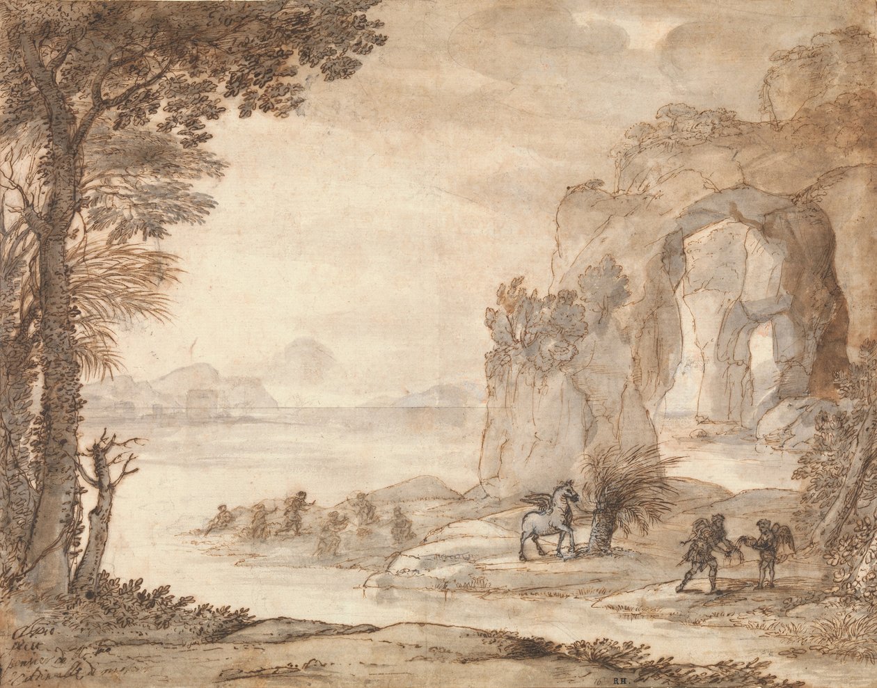 Perseusz i pochodzenie koralowca, ok. 1671 (czarna kreda, sepia i czarny atrament, sepia i szarość przemycia z bielą) autorstwa Claude Lorrain