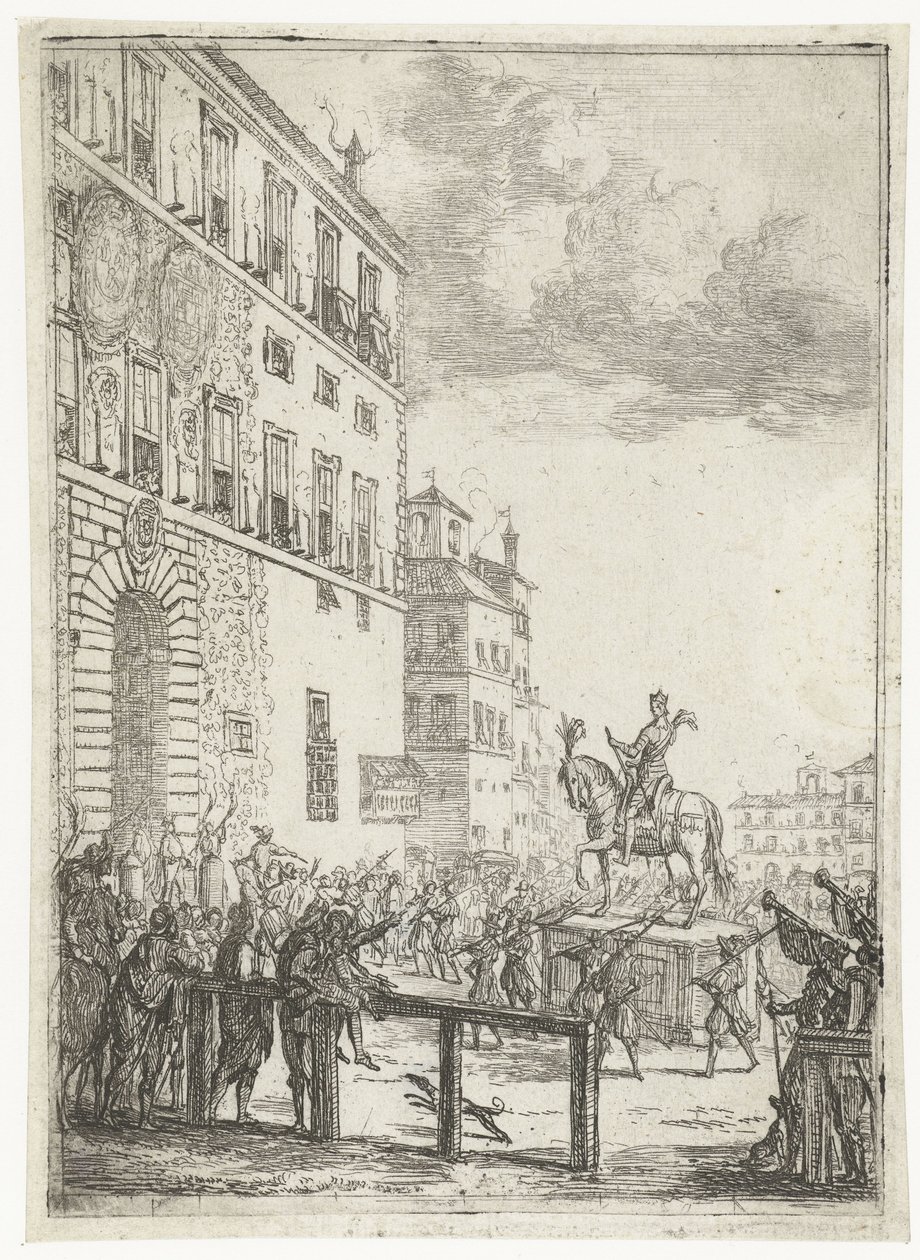 Statua konna cesarza Świętego Cesarstwa Rzymskiego Le Statue equestre du roi des romains Fajerwerki i uroczystości z okazji nowo wybranego cesarza Świętego Cesarstwa Rzymskiego (tytuł serii) autorstwa Claude Lorrain