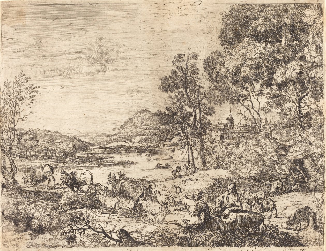 Pasterz i pasterka rozmawiają w krajobrazie (Berger et bergère conversant) autorstwa Claude Lorrain