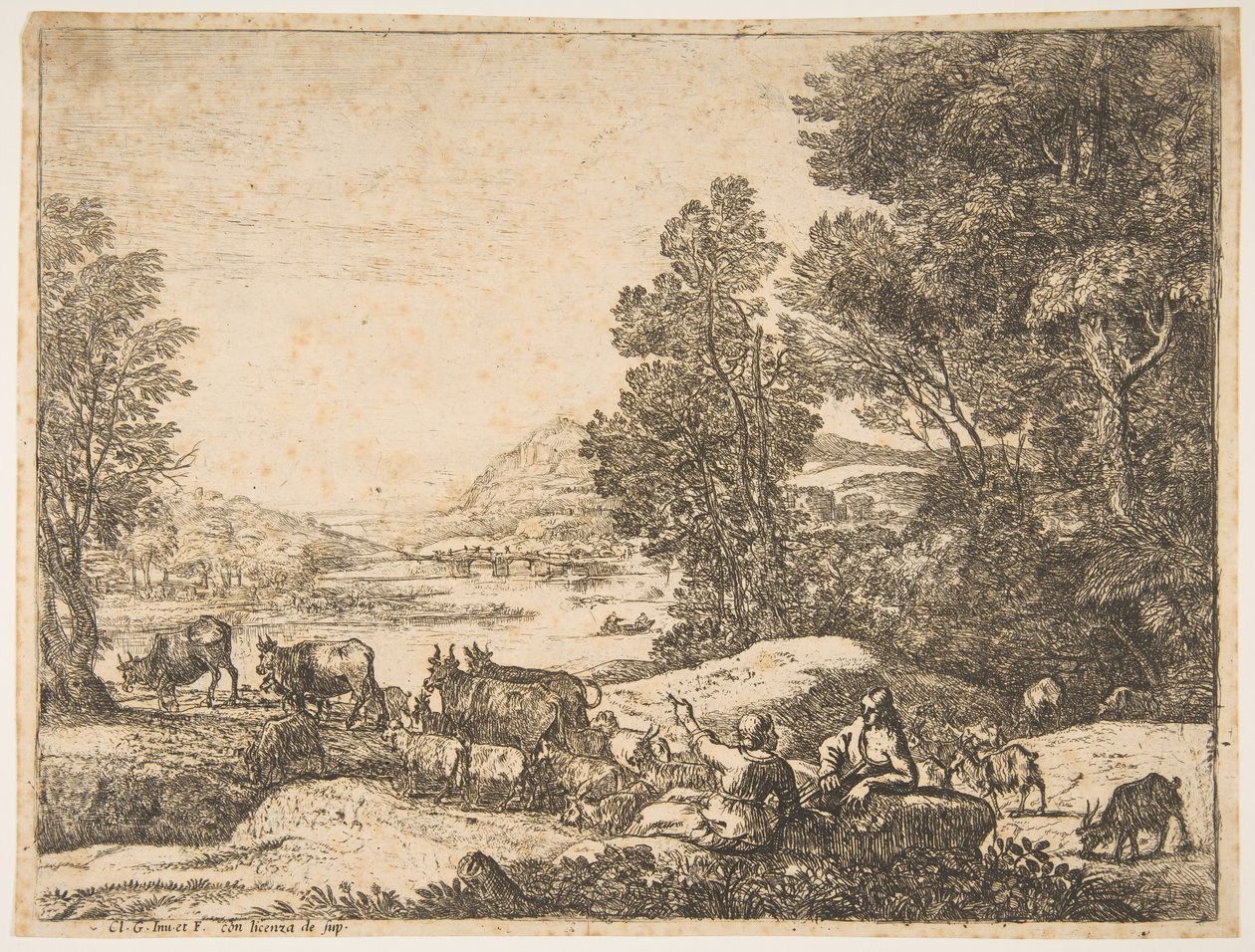 Pasterz i pasterka rozmawiają w krajobrazie, ca. 1651. autorstwa Claude Lorrain