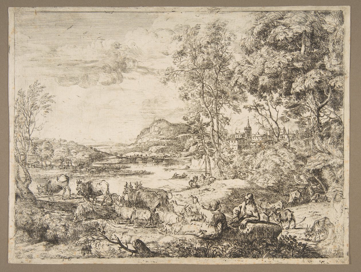 Pasterz i pasterka rozmawiają w krajobrazie, ca. 1651. autorstwa Claude Lorrain