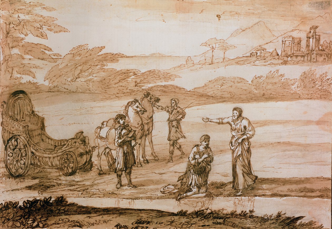 Filip chrzczący eunucha, 1677 (tusz i farba na papierze) autorstwa Claude Lorrain