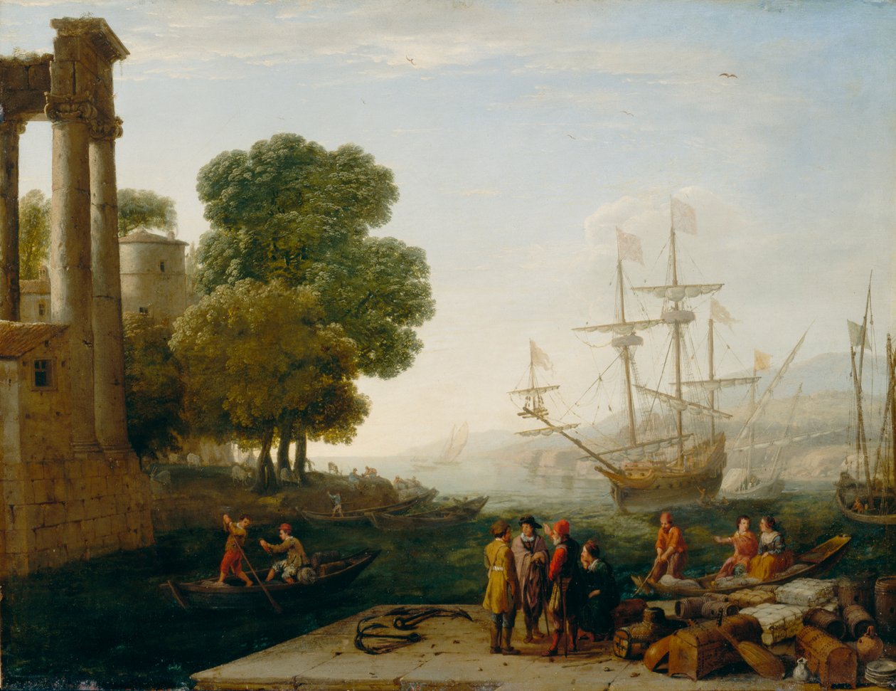 Port morski o zachodzie słońca, 1643 (olej na płycie miedzianej) autorstwa Claude Lorrain