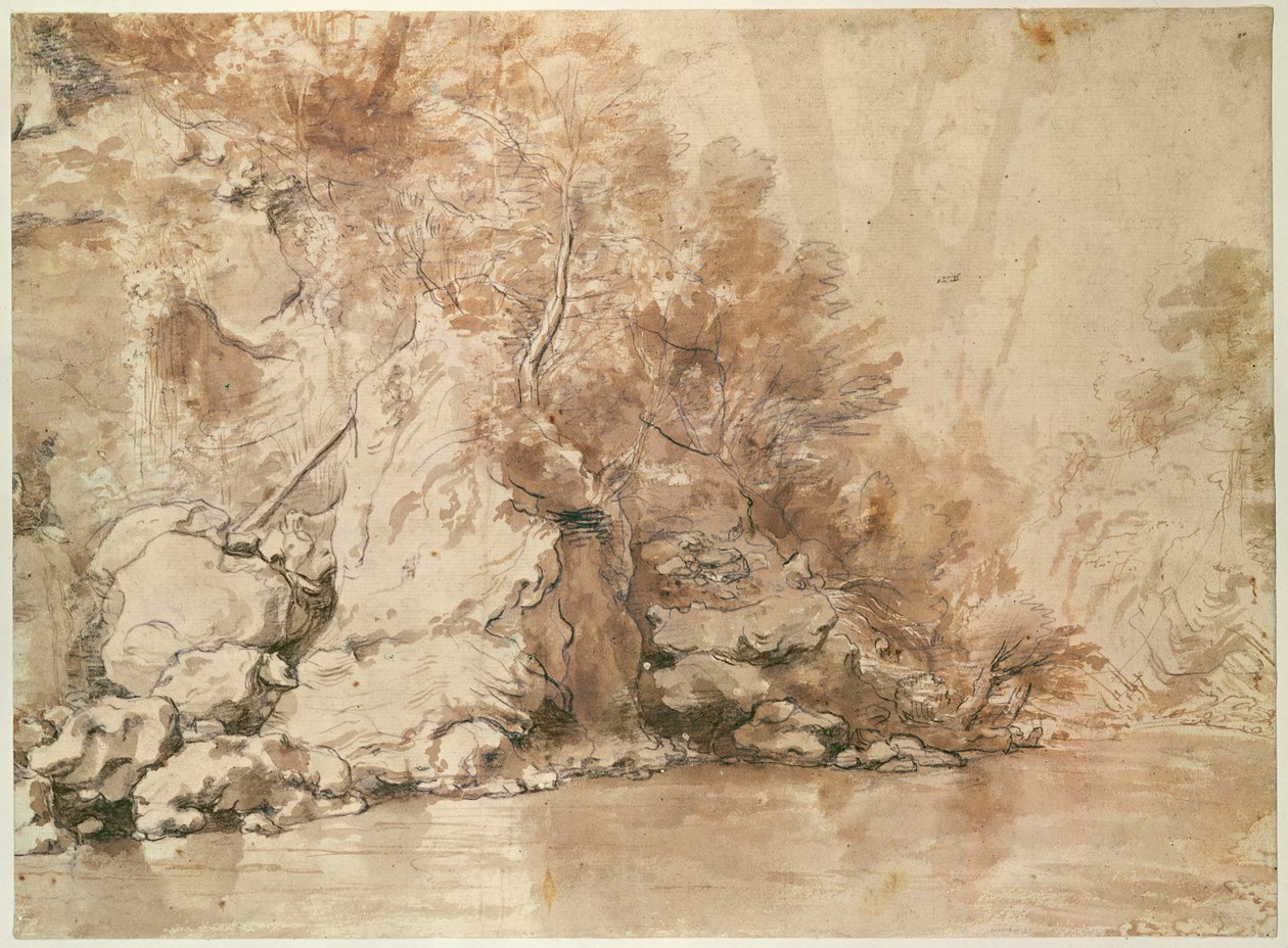 Studium do pejzażu (pióro i bistre i pranie na papierze) autorstwa Claude Lorrain