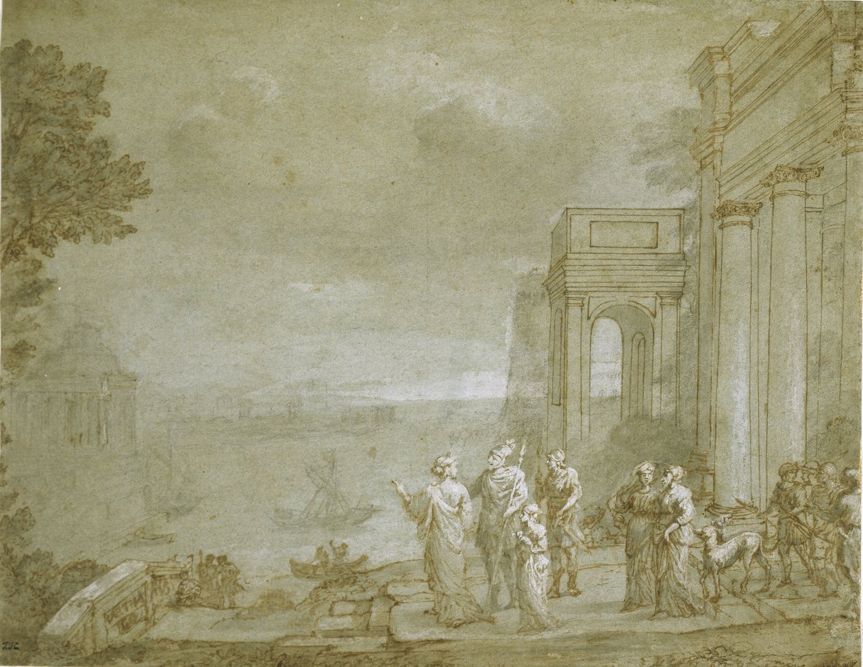 Widok Kartaginy z Dydoną i Eneaszem, 1676 (pióro i atrament z lawowaniem i kredą, podkreślone bielą na papierze) autorstwa Claude Lorrain