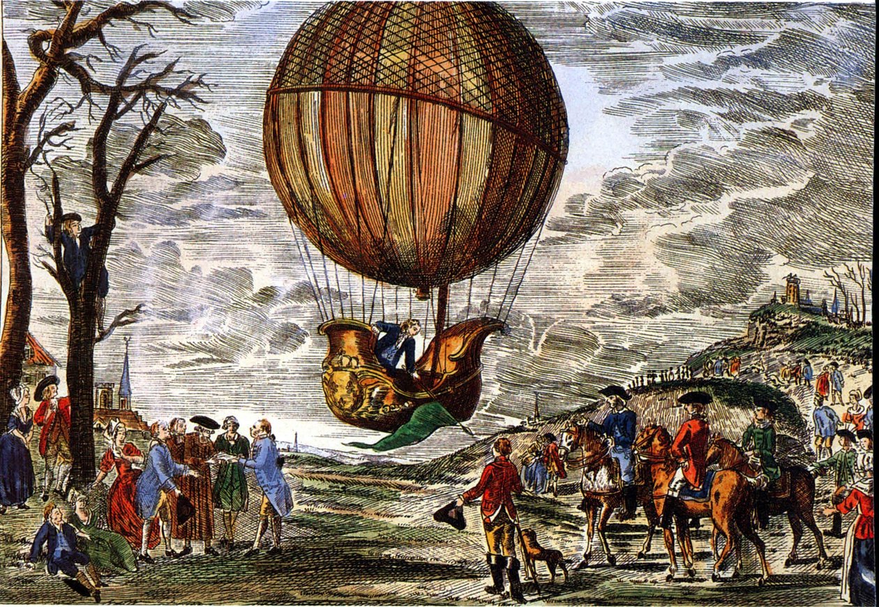 Lot balonem pod okiem księcia Chartres w 1783 r., rycina autorstwa Claude Louis (after) Desrais