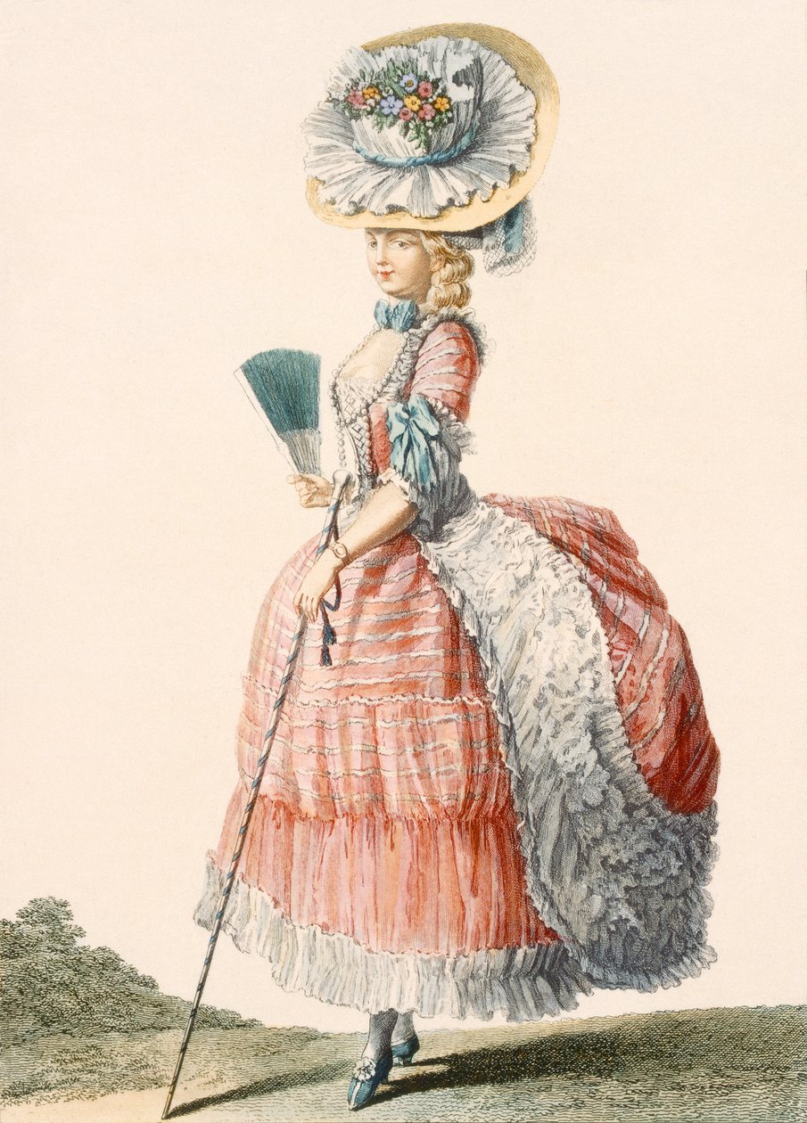 Suknia promenadowa damska, grawerowana przez Dupina, tabliczka z „Galeries des Modes et Costumes Francais”, ok. 1778-87 (kolorowa grawerunek) 99: odzież; strój tradycyjny; strój tradycyjny; moda; ilustracja; c18th; modny; ubranie; żeński; miłośnik; kapelus autorstwa Claude Louis (after) Desrais