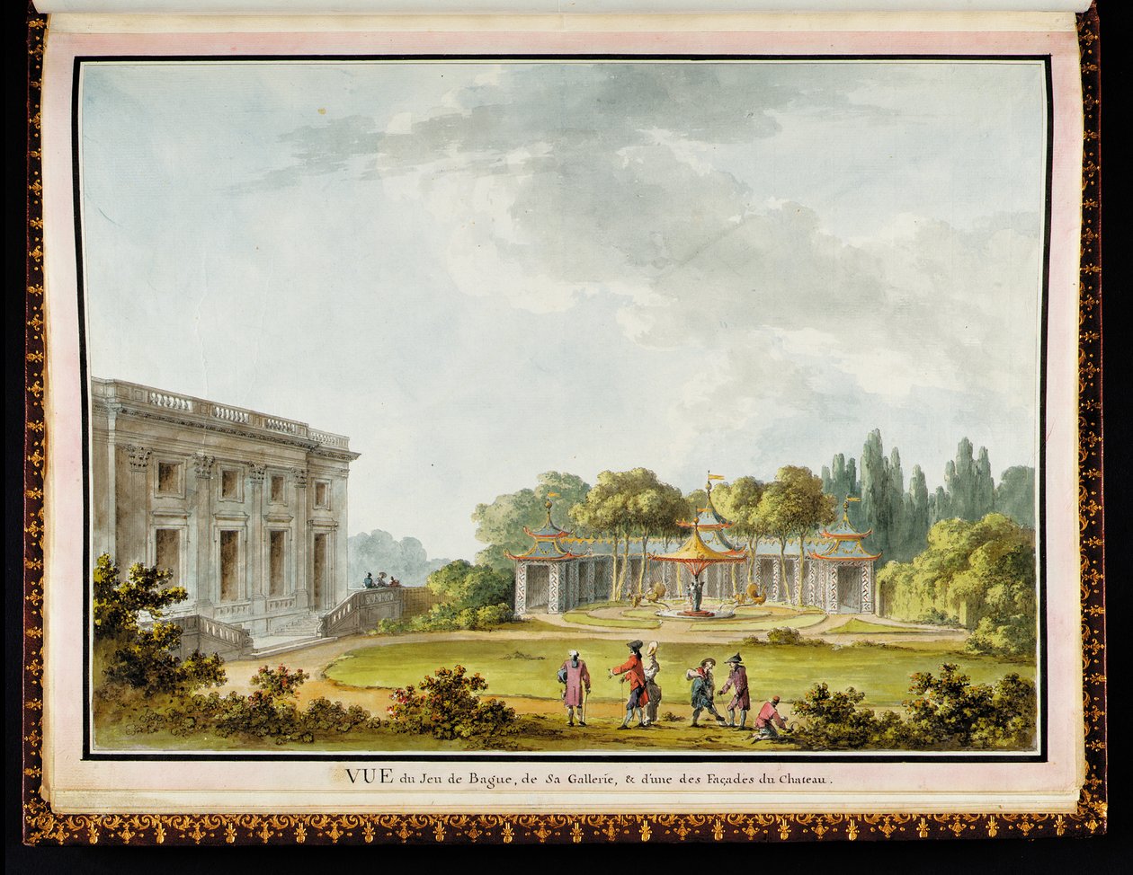 Widok Jeu de Bague, jego galerii i jednej z fasad zamku, z Recueil des plans du Petit Trianon Richarda Mique (1728-1794) autorstwa Claude Louis Chatelet