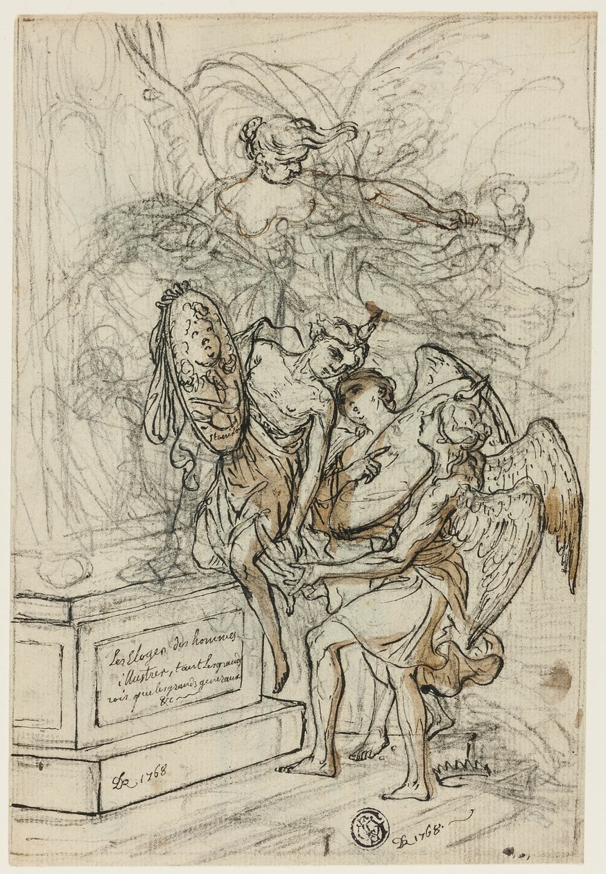 Alegoria na cześć króla Stanisława Leszczyńskiego (recto); Szkic stojącego mężczyzny z wyciągniętymi ramionami (verso) autorstwa Claude Louis Desrais
