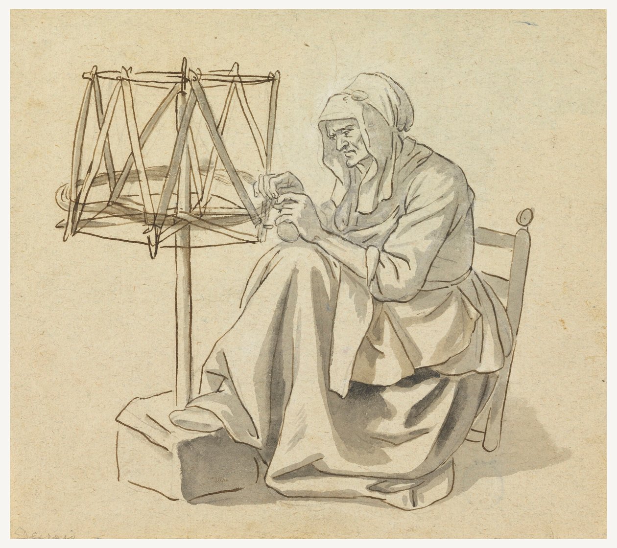 Rysunek, Stara kobieta przędząca, 1810-30 autorstwa Claude Louis Desrais