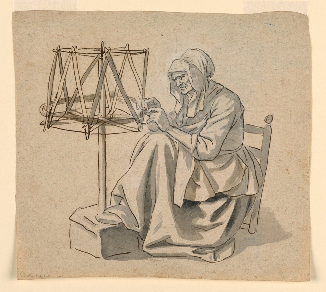 Rysunek, Stara kobieta przędząca, 1810-30 autorstwa Claude Louis Desrais