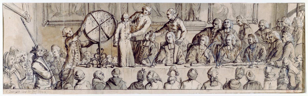 Losowanie loterii w Hotel de Ville, 1772 (pióro, tusz i pranie) autorstwa Claude Louis Desrais