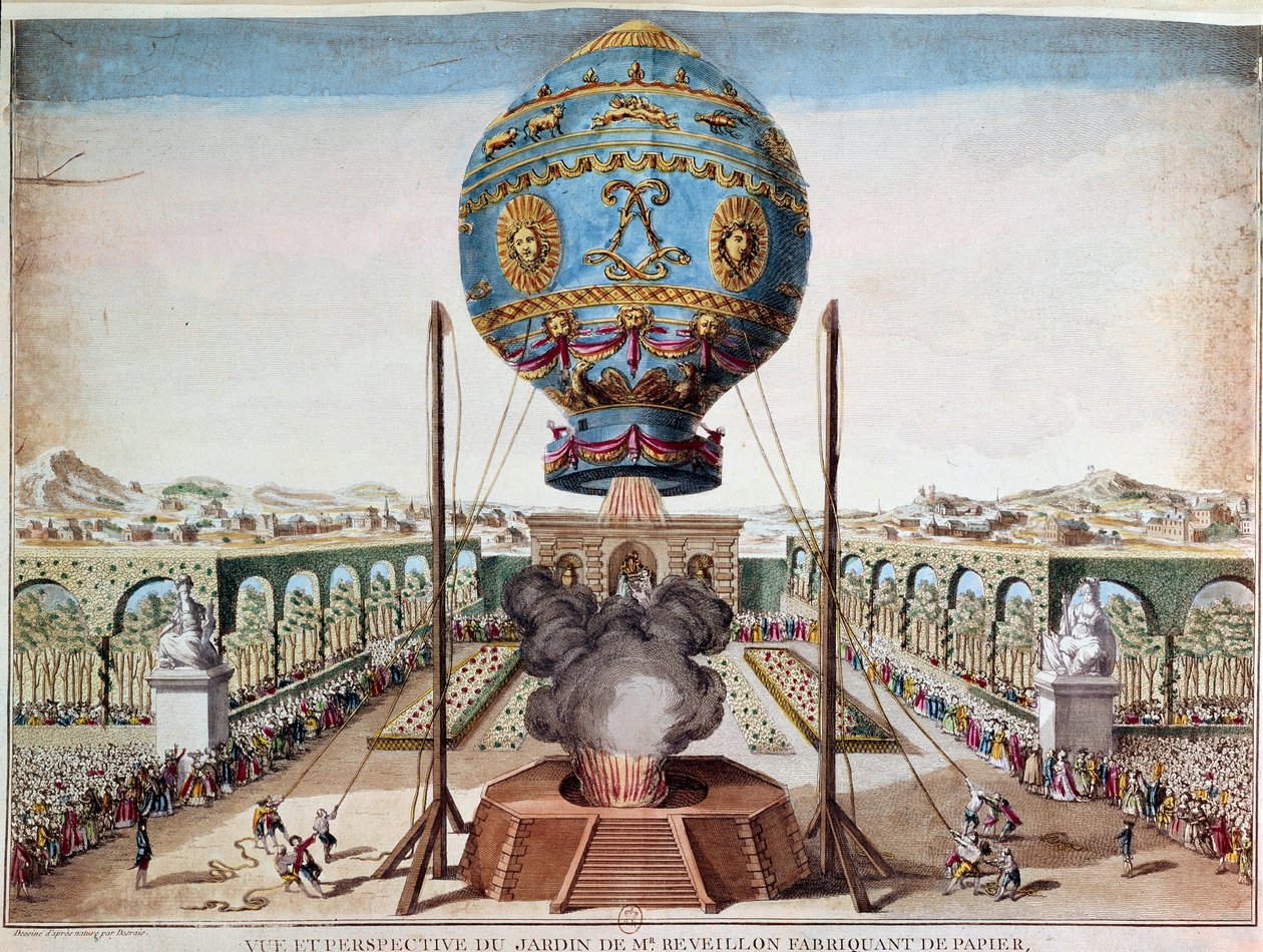 Doświadczenie braci Montgolfiere 19 października 1783 r. w ogrodzie Monsieur Reveillon, faubourg Saint Antoine w Paryżu. Grawerowanie przez Desrais Claude Louis Desrais (1746-1816) autorstwa Claude Louis Desrais