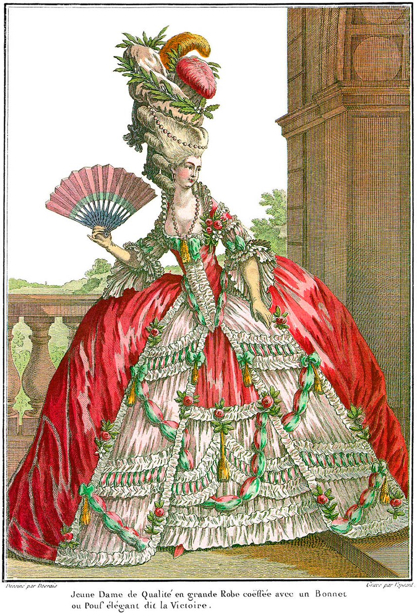 Francuska suknia dworska z szerokimi sakwami, 1778 r. autorstwa Claude Louis Desrais