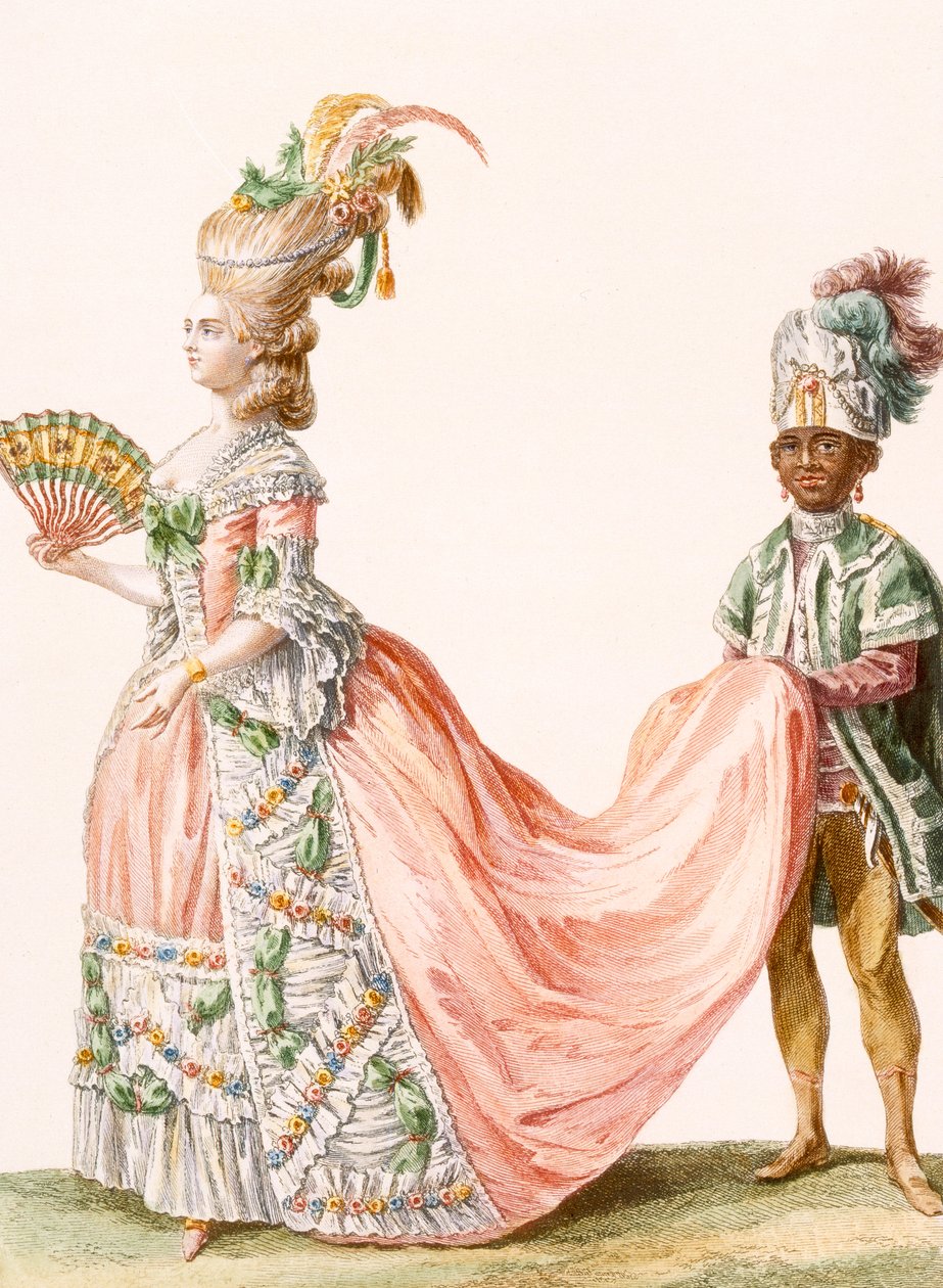 Wyszukana suknia wieczorowa damy, grawerowana przez Le Roi, z „Galeries des Modes et Costumes Francais”, ok. 1778-87 autorstwa Claude Louis Desrais