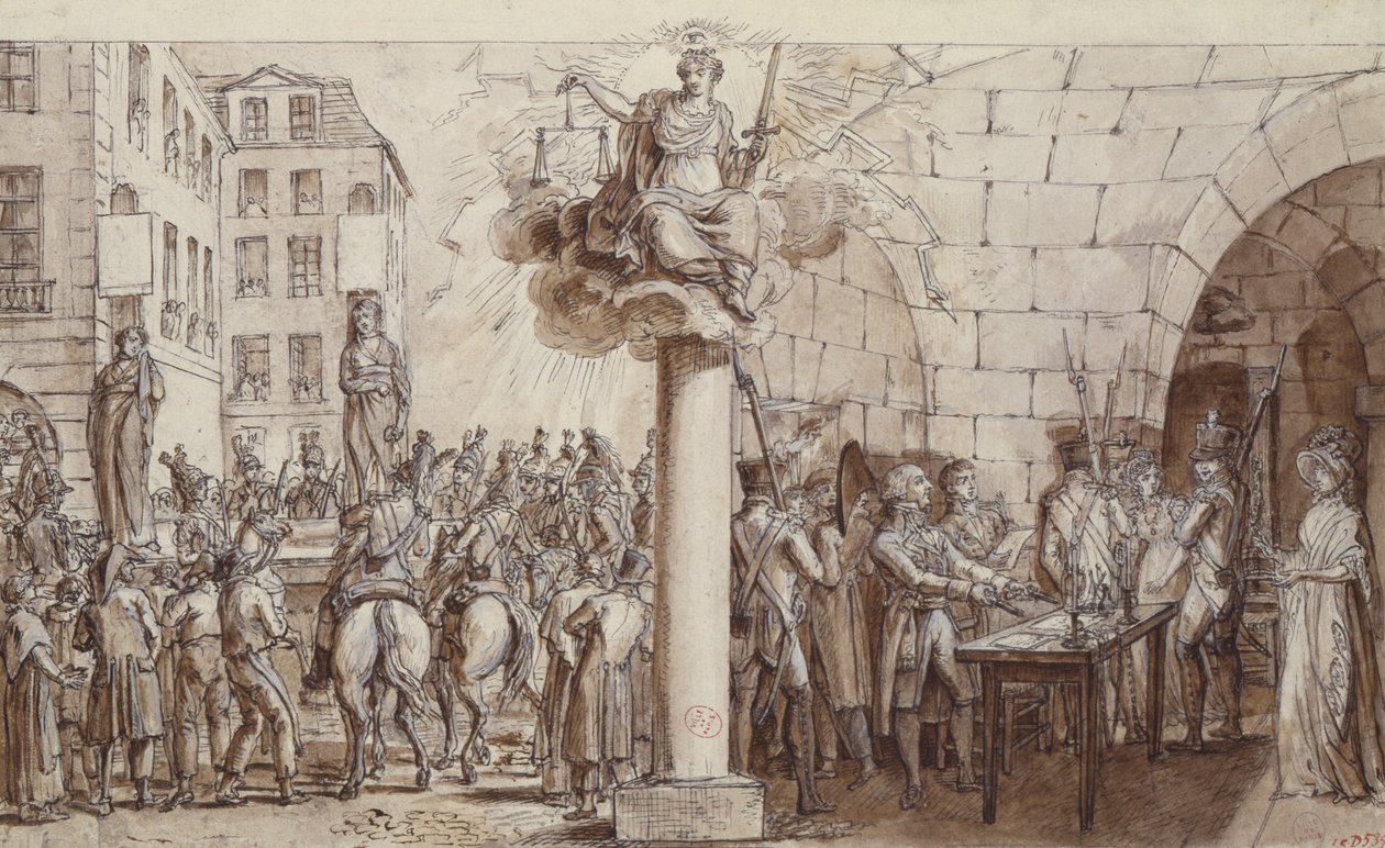 Wdowa Morin i jej córka Angelique Delaporte w Conciergerie i ukarane publicznym kajdanami za zbrodnię wymuszenia z użyciem przemocy podpisów, 1812 (pióro, atrament i pranie na papierze autorstwa Claude Louis Desrais