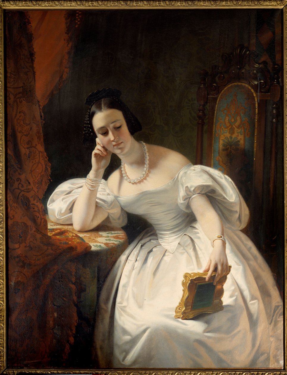 Młoda dziewczyna w lustrze. Obraz Claude Marie Dubufe (1790-1864) autorstwa Claude Marie Dubufe