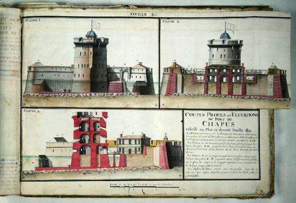 Atlas 131 F fol.85 Przekrój i elewacje fortu Chapus, z Traite de Fortifications, c.1720 autorstwa Claude Masse