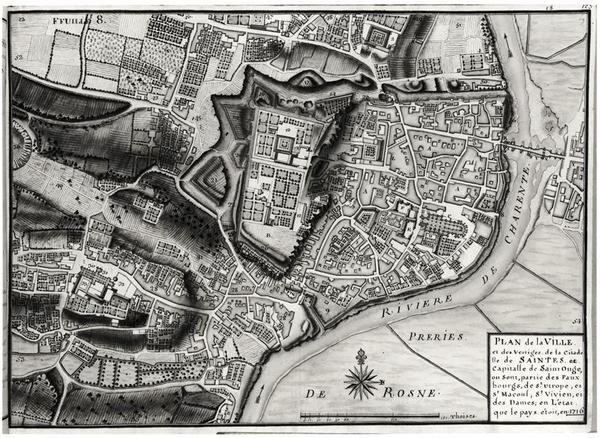 Atlas 131 F fol.8 Mapa Saintes, stolicy Saintonge, z Recueil des Plans de Saintonge, 1716 (pióro i atrament oraz toaleta na papierze) autorstwa Claude Masse