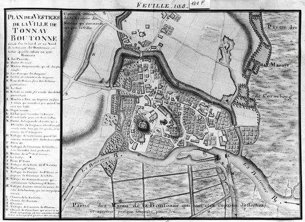Fol.105 Mapa miasta Tonnay-Boutonne z Recueil des Plans de Saintonge (pióro i atrament oraz toaleta na papierze) autorstwa Claude Masse