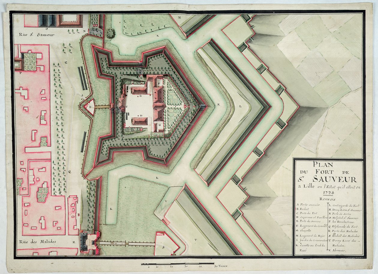 Fort Saint-Sauveur, Lille, 1728, z „Traite de Fortifications” (pióro i atrament i toaleta na papierze) autorstwa Claude Masse