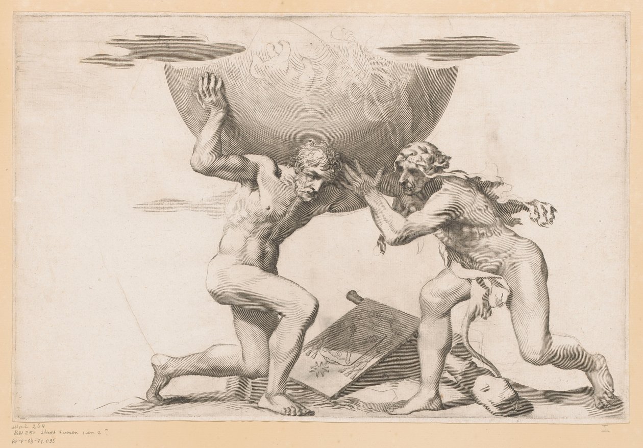 Atlas oddaje sferę niebiańską Herkulesowi autorstwa Claude Mellan (possibly)