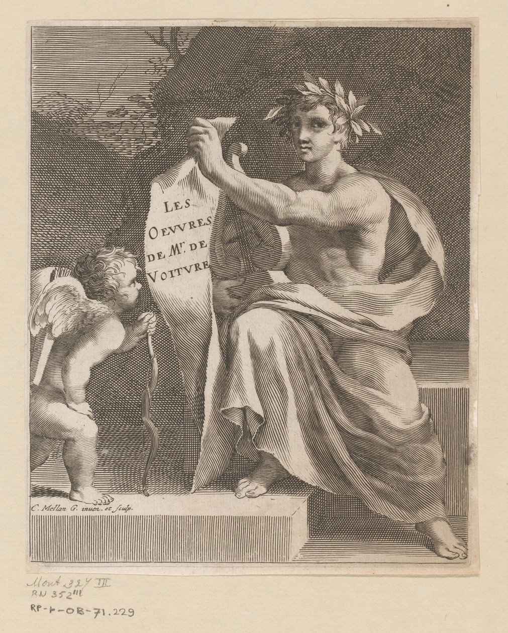 Apollo en een amor Dzieła pana de Voiture (tytuł na obiekcie) Titelpagina voor: Vincent de Voiture, Dzieła Vincenta de Voiture, 1650 autorstwa Claude Mellan