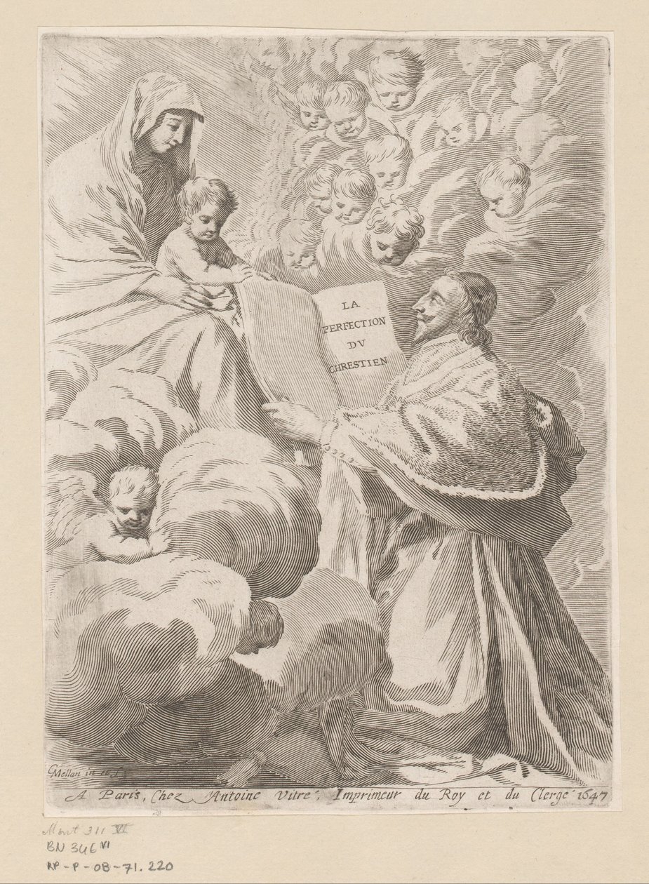 Armand-Jean du Plessis Książę Richelieu przedstawia książkę Maryi z Dzieciątkiem Strona tytułowa dla: Armand-Jean du Plessis książę Richelieu, Traité de la perfection du chrétien autorstwa Claude Mellan