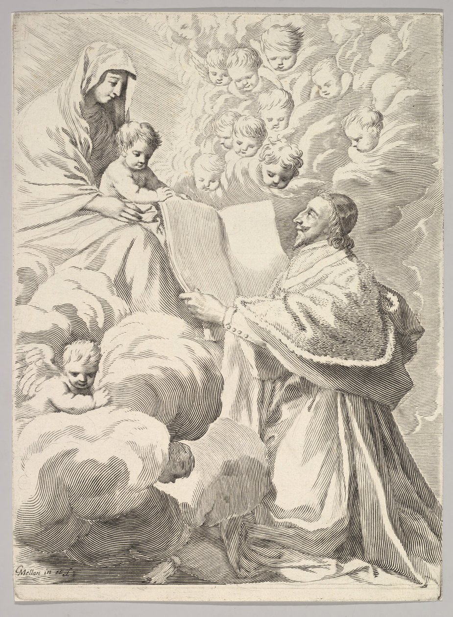 Kardynał Richelieu, klęcząc, przedstawia swoją księgę Dziewicy z Dzieciątkiem, ca. 1646. autorstwa Claude Mellan