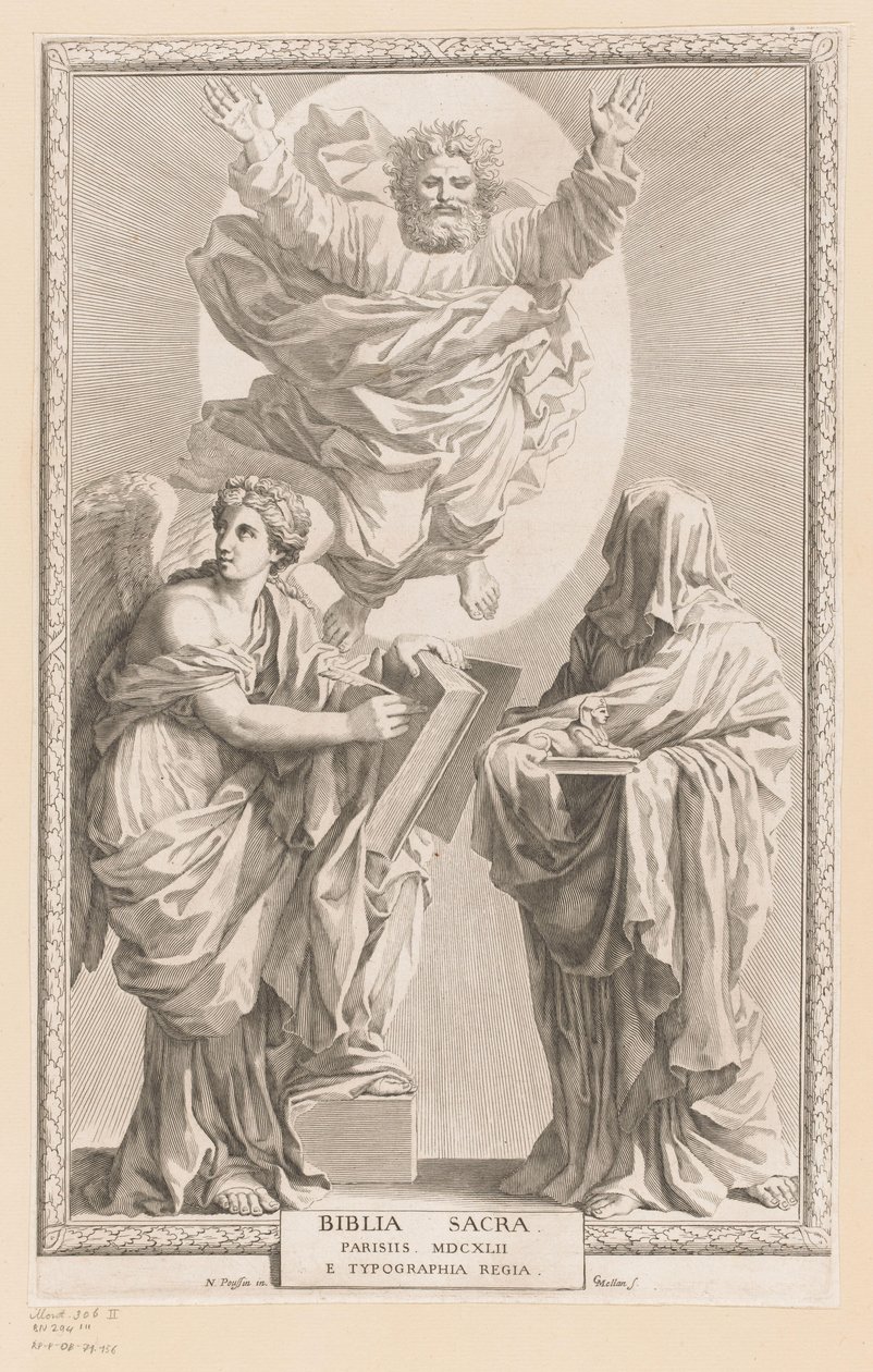 Bóg z personifikacją Historii i Proroctwa Strona tytułowa dla: Biblia Sacra, 1642 autorstwa Claude Mellan