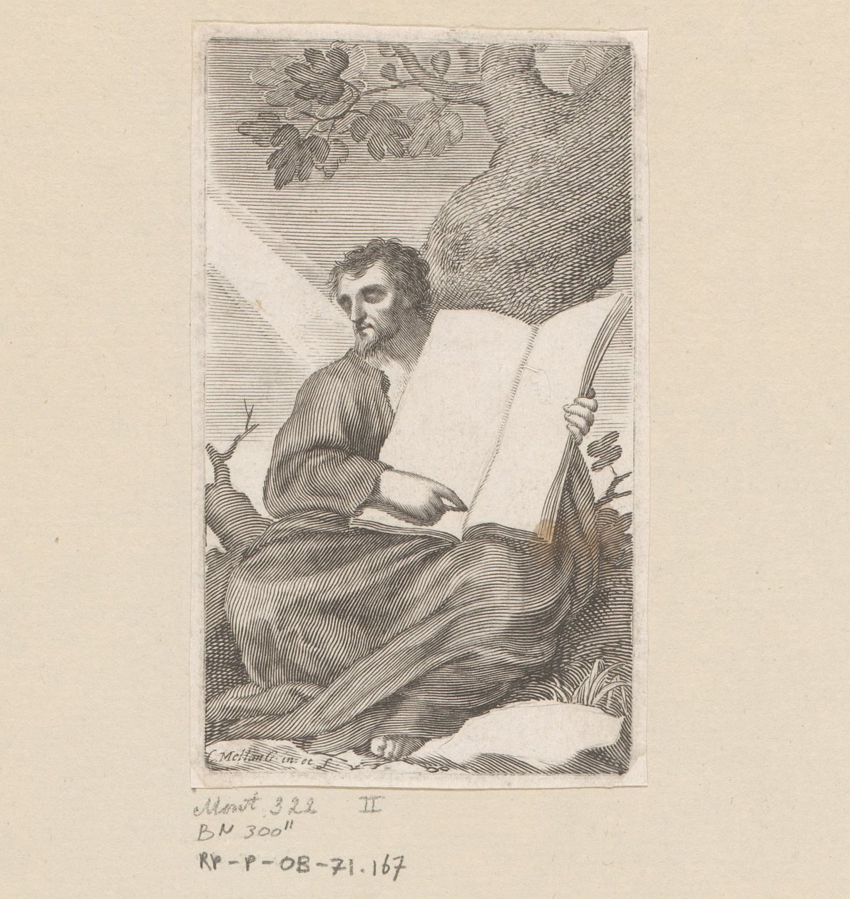 Święty Augustyn siedzący u podnóża drzewa Strona tytułowa dla: Les Confessions de Saint Augustin, 1639 autorstwa Claude Mellan