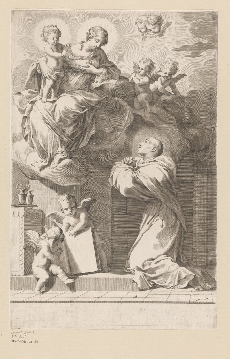 H. Bernard klęczący przed objawieniem Matki Boskiej z Dzieciątkiem Strona tytułowa dla: Św. Bernard, Divi Bernardi Abbatis (...), 1640 autorstwa Claude Mellan